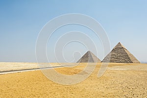 The Great Pyramid also known as Cheops pyramid or Khufu and the pyramid of Khafre or Chefren at Giza pyramid complex, Egypt