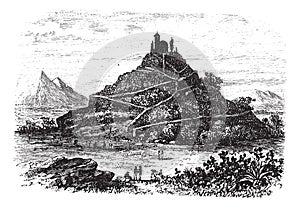 Great Pyramid of Cholula or Tlachihualtepetl in Puebla, Mexico vintage engraving