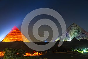 Great Pyramid of Giza illuminated at night, UNESCO World Heritage site, Cairo, Egypt.