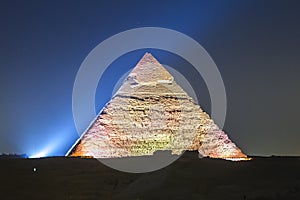 Great Pyramid of Giza illuminated at night, UNESCO World Heritage site, Cairo, Egypt.