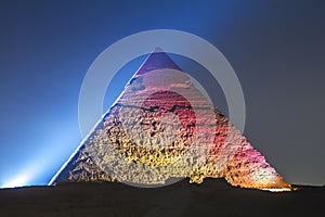 Great Pyramid of Giza illuminated at night, UNESCO World Heritage site, Cairo, Egypt.