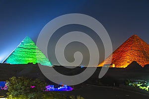 Great Pyramid of Giza illuminated at night, UNESCO World Heritage site, Cairo, Egypt.