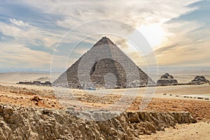 The Great Pyramid of Menkaure with dramatic sky in the Giza, Egypt