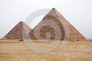 The Great Pyramid and Pyramid of Khafre at the Giza Pyramid Complex in Giza, Egypt