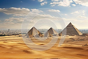 The Great Pyramids of Giza in Cairo, Egypt, Africa, Egypt. Cairo - Giza. General view of pyramids and cityscape from the Giza