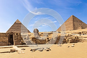 The Great Pyramids of Giza complex: the Sphinx, the Pyramid of Chephren, the temple and the Pyramid of Cheops, Egypt