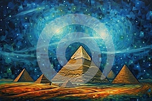 The Great Pyramids of Giza, Egypt. Digital painting, Pyramids in the desert at night time. Starry sky, milky way. Abstract picture