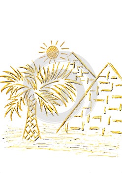 The great pyramids, palm tree and sun. Cairo, Egypt, Africa. Doodle hand drawn illustration. Travel concept. White background