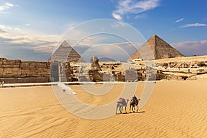 The Great Pyramids, the Sphinx and the temple entrance in Giza, Egypt
