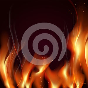 Great realistic vector fire flames smoke sparks on red backgroun