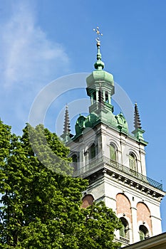 Great renaissance tower of a holy brick church