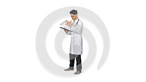 Great results Doctor dancing afler looking through documents on white background.