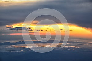 Great Salt Lake Sunset Aerial view from airplane in Wasatch Rocky Mountain Range, sweeping cloudscape and landscape Utah