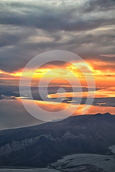 Great Salt Lake Sunset Aerial view from airplane in Wasatch Rocky Mountain Range, sweeping cloudscape and landscape Utah