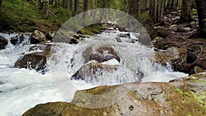 Great scenery view as river flowing through the mountain hills wild nature. Prut river in Carpathian Mountains, Hoverla Peak. Fast