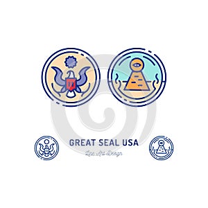 Great Seal of the United States line icon. Stylized linear icon, Obverse and reverse side of the Great Seal. Seal of the