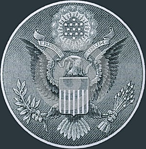 Great Seal of the United States obverse from the back of a one dollar bill.