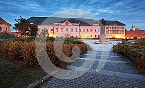 Great seminar on Pribina square in Nitra, Slovak republic. Night scene. Travel destination. Religious architecture