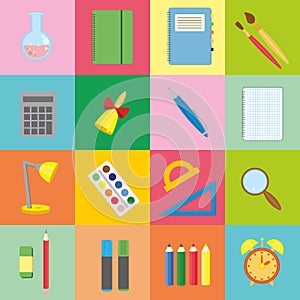 Great set of icons students to color the squares. Collection of vector back to school elements in flat style. Web banners or map e