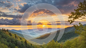 Great Smoky Mountains National Park Scenic Sunrise Landscape at Oconaluftee Overlook between Cherokee NC and Gatlinburg TN