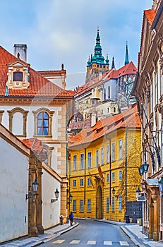 The Great South Tower of St Vitus Cathedral above Palffy Palace, Prague, Czech Republic