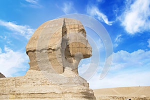 Great Sphinx against the background of the pyramids of the pharaohs Cheops, Khafren, and Mikerin in Giza