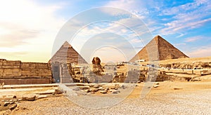 The Great Sphinx and the Egypt Pyramid Complex at sunset, Giza