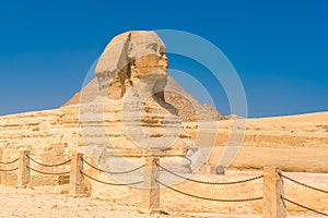 Great Sphinx of Giza on the background of the Pyramids, Cairo, Egypt