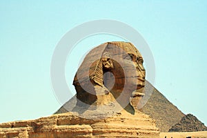 Great Sphinx of Giza in front of the Great Pyramid, Egypt