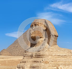 Great Sphinx of Giza near Cairo, Egypt. It is mythical creature with the head of man and the body of a lion. The face of the