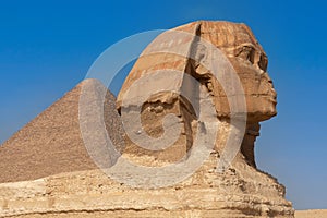 Great Sphinx of Giza near Cairo, Egypt. It is mythical creature with the head of man and the body of a lion. The face of the