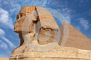 Great Sphinx of Giza near Cairo, Egypt. It is mythical creature with the head of man and the body of a lion. The face of the