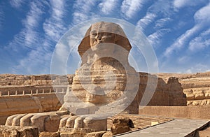 Great Sphinx of Giza near Cairo, Egypt. It is mythical creature with the head of man and the body of a lion. The face of the