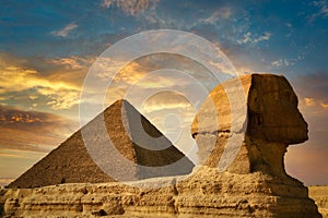 The Great Sphinx of Giza and the Pyramid of Khafreat sunset, Egypt