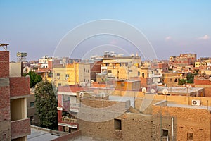 Great Sphinx and Great Pyramid of Cheops, Cairo, Egypt. Ancient statue of Sphinx