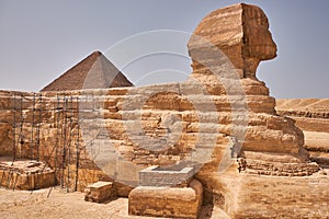 Great Sphinx and the Great Pyramid of Giza on the Giza Plateau in Cairo, Egypt