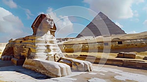 The Great Sphinx next to the Pyramids of Egypt in the desert of Giza