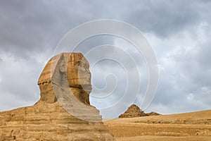 Great Sphinx profile wih pyramids on background in Giza, Egypt