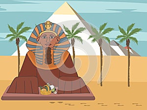 Great sphinx at pyramid background cartoon front view