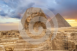 Great sphinx and pyramids. Egypt Cairo. Landscape with Egyptian pyramids, Great Sphinx and silhouettes Ancient symbols and