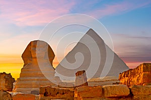 Great Sphynx of Giza and Pyramid of Cheops at sunset, Egypt