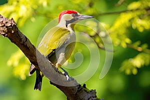 Great Spotted Woodpecker Dryocopus martius, Male Green Woodpecker Picus erythrorhynchus perched on a tree, AI Generated