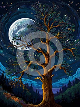 A great spring tree in a starry night, at a beautiful field, with moon, painting art of Van Gogh style