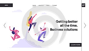 Great Start, Career Boost, Fast Business Growth Website Landing Page, Cheerful Colleagues See Off Businessman Flying Off