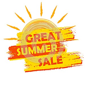 Great summer sale with sun sign, yellow and orange drawn label