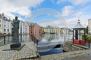 Great summer view of Alesund port town on the west coast of Norway, at the entrance to the Geirangerfjord. Old architecture of Ale