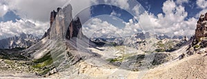 Great sunny view of the National Park Tre Cime di Lavaredo, Panoramic view of three spectacular mountain peaks. Awecome nature