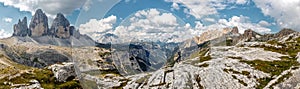 Great sunny view of the National Park Tre Cime di Lavaredo, Panoramic view of three spectacular mountain peaks. Awecome nature