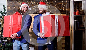 Great surprise. Prepare huge surprise gift. Men compete who has larger size. Bigger gift battle. Men santa carry big