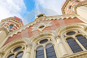 Great synagogue in Plzen or Pilsen, Czech Republic with blue sky and clouds. Bohemia region.